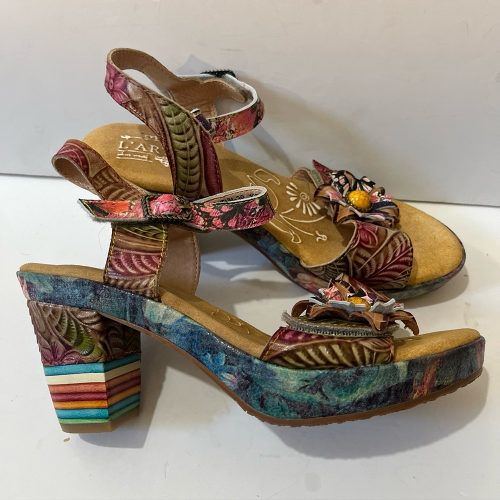 L'ARTISTE SPRING STEP LELANIE Leather Floral Platform Heels Slingback Sandal 39 - Picture 10 of 16
